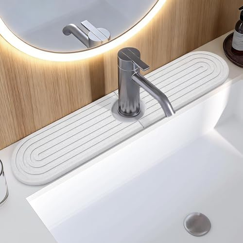 2 Pcs Abtropfmatte Spüle Wasserhahn Spritzschutz, Kieselgur Spülbeckenmatte, Wasserhahn Matte, Abtropfmatte Stein, Für Küche Badezimmer Inklusive Sandpapier, Transparente Fußpolster 40x10cm (Weiß)