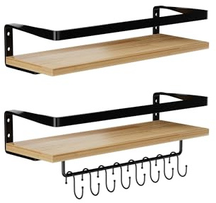 PURELLEL Wandregal Holz 2er Set mit Gewürzregal Hängend 43cm | Küchenregal Wand für Gewürze, GewürzregaleKüchenregal Wand, Gewürz Organizer, Haken, Hellbraun