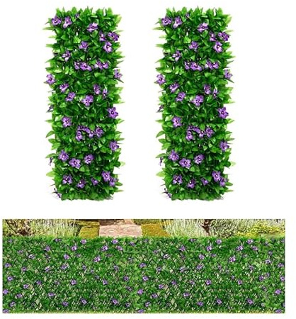 Qisino Clôture de lierre artificiel et de fleurs violettes, panneaux de treillis de jardin extensibles pour balcon, terrasse, extérieur, panneau de clôture décoratif en faux lierre, haies (2)