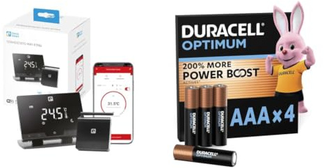 Garza - Termostato de 2 Hilos Wi-Fi Inteligente para Caldera y Calefacción, con Adaptador, Medidor Consumo, Control táctil, Detección Ventanas Abiertas + Duracell Optimum Pack de 4 AAA