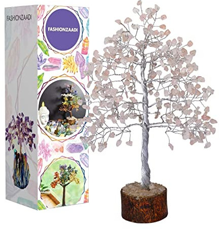 FASHIONZAADI Rose Quartz Bonsai Money Crystal Tree Feng Shui Healing Crystals Gemstone Chakra Trees Reiki Stone Good Luck Chakras Home Office Table Décor Figurine Gift Size -10 Inch (Silver Wire)