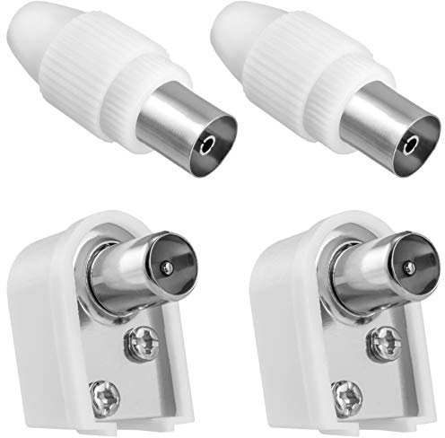 HB-DIGITAL Antennenadapter Set 2X Gerade IEC-Buchse (weiblich) & 2X Winkel IEC-Stecker (männlich) mit Schraubanschluß Demontierbar | DVB-C DVB-t DVB-T2 Antennen TV Koaxial Kupplung schraubbar | weiß