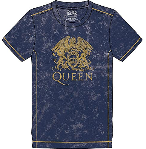 Queen T Shirt Classic Crest Band Logo Nue offiziell Herren Navy Blau Snow Wash
