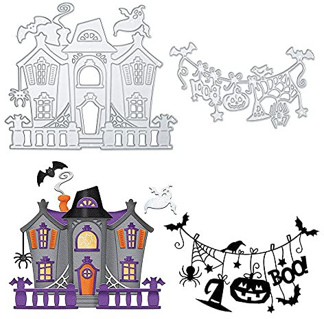 2 Stück Stanzschablone Stanzformen Haus Form Kürbis Spinnennetz Geist Schneiden Prägeschablonen Prägung Schablone Stanzschablonen für Halloween DIY Scrapbooking Papier Karten Kunst Basteln Dekoration