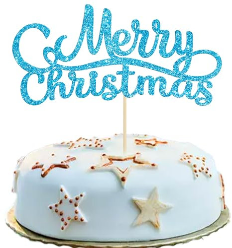 Gyufise 1 Pack Blue Glitter Merry Christmas Cupcake Toppers Holiday Xmas Cake Picks Decorations for Christmas Party Supplies Happy New Year Cake Decorations