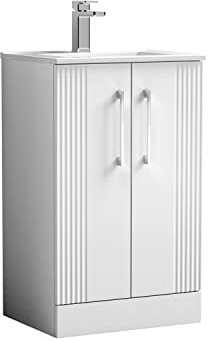 nuie DPF123B Deco Modern Bathroom Floor Standing 2 Door Part Fluted Vanity Basin Unit with Minimalist Ceramic Basin, 500mm, Satin White