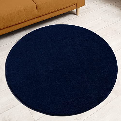 Impression Kurzflor-Wohnzimmerteppich - Schlichte Moderne Teppiche für Schlafzimmer, Büro, Flur, Küche, Kinderzimmer - Marine, 80 cm Rund