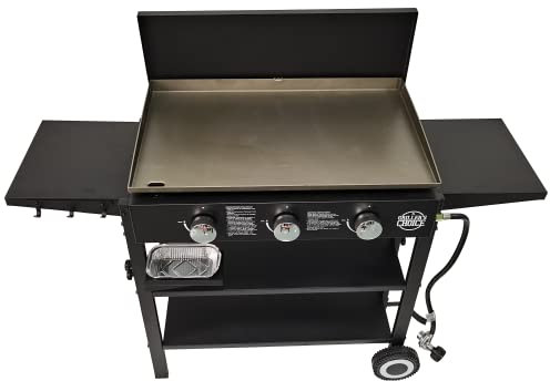 Griller's Choice Griller's Choice Barbecue d'extérieur à gaz propane avec dessus plat – Hotte incluse, 4 étagères, gobelets à graisse jetables, 36 000 BTU, grande surface de cuisson.