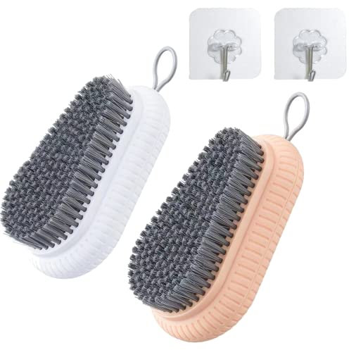 2PCS Nail Brush for Cleaning Fingernails, Heavy Duty Nail Cleaning Brushes, Durable Stiff Bristles Nail Hand Scrub Brush Fingernail Scrub Brush Toes, Attached 2Pcs Adhesive Hooks (Pink, White)