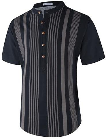 APTRO Mens Short Sleeve Linen Shirts Casual Cotton Shirts Summer Shirts Hawaiian Striped Grandad Henley Shirts Stripe Black MHL47 XXL