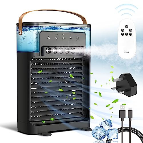 Personal Air Cooler, NTMY 1200ml Portable Air Conditioner, Ultra-Quiet Mini Air Cooling Fan with Humidifier for All Season Use, 5 Cool Mist & 4 Speeds, 7 Night Light & 2-8H Timer, Remote Control