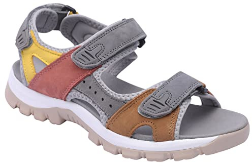 Harssidanzar Women's Sports Hiking Sandals Adjustable Strap Leather Sandals For Women Outdoor Sports Sandals Walking SL256UK,Tan Grey, Size 6.5 UK