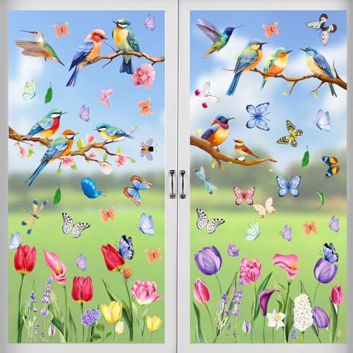 Lets Joy 9 Blatt Frühling Fensteraufkleber, Vögel auf Ast Fenster Abziehbilder, Kolibris Fensteraufkleber, Frühling Schmetterlinge Fensteraufkleber, DIY Wohnzimmer Badezimmer Deko Wiederverwendbar