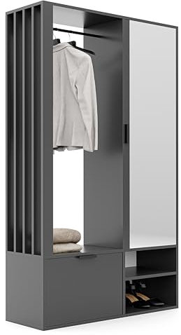GREKPOL Garderobenschrank Milo Schrank Garderobe mit Spiegel Garderobenregal mit Schuhschrank Kleiderstange für Flur Flurgarderobe Garderoben-Set Universal (Graphit)
