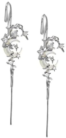 MYTH OF THE MOON Ear Hook Needle Piercing Earrin, 2Pcs Creative Star Moon Ear Hook Earrings S925 Sterling Silver Cubic Zirconia Hypoallergenic Punk Edgy Pin Hook Ear Cuff
