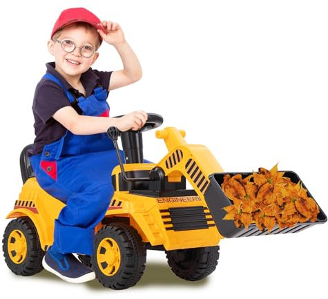 DREAMADE Bagger zum draufsitzen, Kinder Sitzbagger mit Flexibler Schaufel & Hupe & Kippschutz, Aufsitzbagger mit Stauraum unter Sitz, Sandbagger Sitzbagger Kinder ab 19 Monaten (Bulldozer)