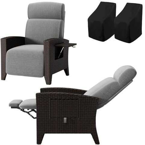 Fiutazge 2 Stück Ergonomische Relaxliege Verstellbare Rückenlehne,Gartensessel mit Liegefunktion,Abdeckung,Relaxsessel Rattan Sonnenliege für Innen/Außen Rattan Schwarz und Grau Sitzkissen