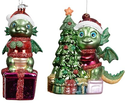Kaemingk Christbaumschmuck Glas 11,8cm - Drache Figur zum Aufhängen - 1 Stück Sortiert - mundgeblasen - Weihnachtsbaum Anhänger für Weihnachten - Christbaumanhänger & Weihnachtsbaumschmuck - Grün Rot