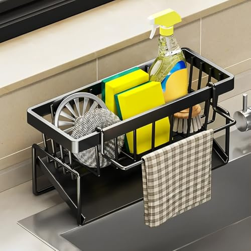 Kitchen Sink Caddy, Sink Tidy Organizer, Storage Rack with Draining Tray | Kitchen Sink Organiser, Dishcloth Hanger, Washing up Utensil Caddy, Kitchen Soap Holder