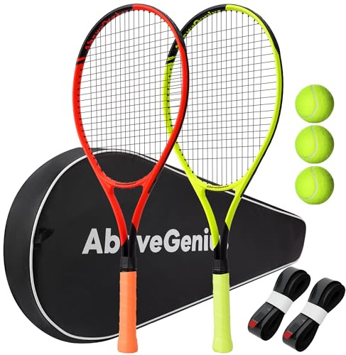 AboveGenius Neon Tennis Rackets 2 Pack for Adults- 27 Lightweight Aluminum Tennis Racquet Set with 3 Balls & Bag- Vibrant High-Visibility Matte Finish for Men Women Beginners