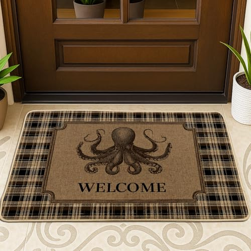 Octopus-Fußmatte, nautische, rustikale Plaid-Bordüre, Sommerbraun, Gummi, rutschfest, dekorative Fußmatte, Outdoor-Dekoration für Haustür, Eingang, Terrasse, 73,2 x 43,2 cm