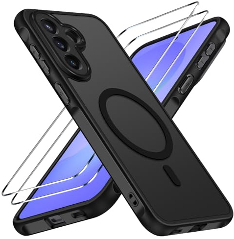 ivoler für Samsung Galaxy A57 5G Hülle, 1 Magnetisch Handyhülle mit 2 Stück Panzer Schutz Glas, [Kompatibel mit MagSafe] [Militärnorm Sturzschutz] Stoßfest Schutzhülle Silikon Case Matt Schwarz
