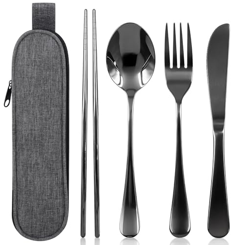 5 posate da campeggio in acciaio inox, con custodia, posate da campeggio per attività all'aperto, viaggi, lavoro, scuola, gadget da viaggio, lavabili in lavastoviglie, colore nero