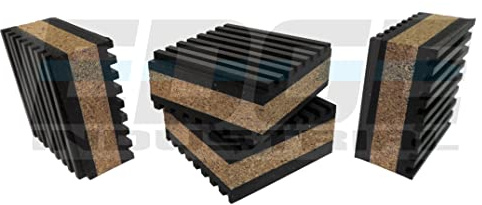 Anti Vibration Isolation Pads 2 X 2 X 7/8 Ribbed Rubber with Cork Center Vibration DAMPENING, Quantity 4