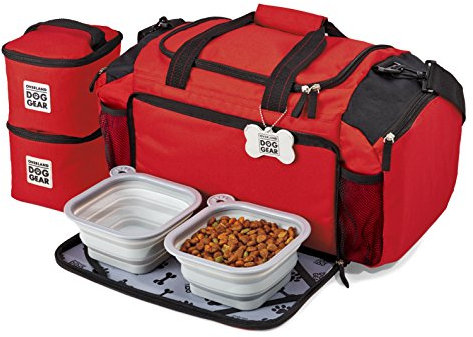 Overland Dog Gear Dog Travel Bag - Ultimate Week Away Duffel For Med And Large Dogs - Includes Bag, 2 Lined Food Carriers, Placemat, and 2 Collapsible Bowls Red