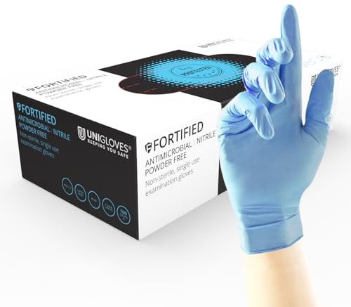 Unigloves Fortified Blue GF0012 Antimicrobial Nitrile Examination - Multipurpose, Powder Free and Latex Free Disposable Gloves, Box of 100 Gloves, Blue, Small
