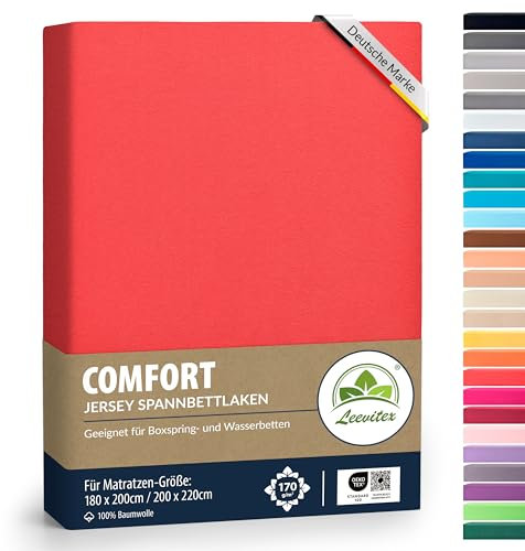 Boxspringbett & Wasserbett Spannbettlaken von leevitex® | Spannbetttuch | Jersey 180 x 200-200 x 220 cm, 40cm Steghöhe 100% Baumwolle ca. 170 g/m² (Rot/Signalrot)