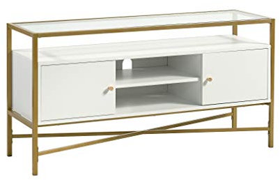 Sauder Harper Heights Moderner TV-Credenza, Glasplatte, L 124 x B 39,5 x H 63,5 cm, Weiß