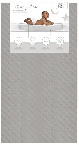 Dream On Me Asheville 4” Firm Fiber Crib & Toddler Bed Mattress, Dual-Sided, Waterproof, Greenguard Gold Certified, Lightweight, Reversible Design, Grey Embossed Vinyl Cover