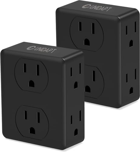 Unidapt Multi Plug Wall Outlet Extender, 6 AC Power Sockets, 2-Pack, Black