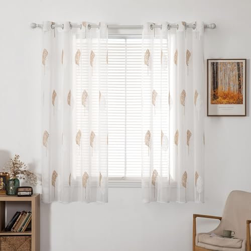 MIULEE Kurz Vorhänge Transparent mit Braun und Weiss Blätter Muster, Modern Stickerei Gardinen Ösen Für Kleines Fenster Kurzgardine, 2er Set Schöne Blätter Muster Vorhang Fenster H 160 x B 140