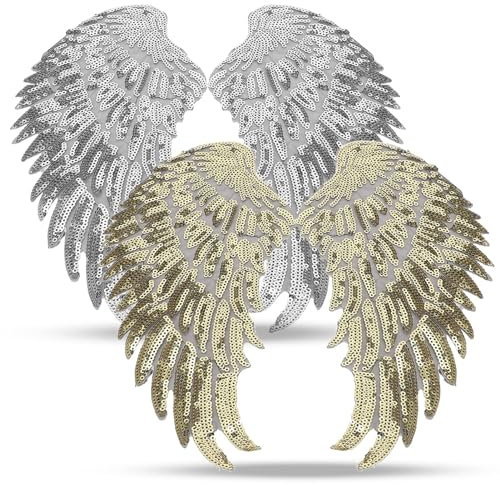 2 Paar Paillettenflügel-Set, selbstklebende Aufkleber, Paillettenaufnäher, große Engelsflügel, Paillettenaufnäher, Aufnäher, bestickte Flügelaufnäher für Kleidung, Jacken, Jeans Kleid Rock, 32 x 14 cm