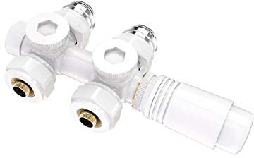 Heilmetz Multiblock Set für Heizkörper Anschlussarmatur mit Thermostat 50mm Ventil-Armaturen Heizungszubehör Eck- und Durchgangsform Weiß Wandanschluß Anschlußgarnitur (16mm, 1 Stück)