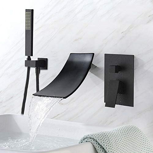 Wasserhahn Badewanne, Bad Wannenarmatur Wasserfall mit Brause Wandarmatur Bad Wasserfall Wasserhahn Bad Wandmontage Einzelgriff für Badewanne Dusche, Schwarz