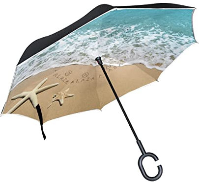 MNSRUU Umgekehrte Regenschirme, Seestern Strand Autos Reverse Regenschirm Regenschirm mit UV Schutz, Upside Down Regenschirm