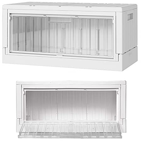 livinbox Collapsible Plastic Storage Box, 45L Camping Storage Boxes with Lid, Dorm Room Storage Box, Space Saving Supplier Comic Bedding, Transparent & White, FB-6432S-WTTR
