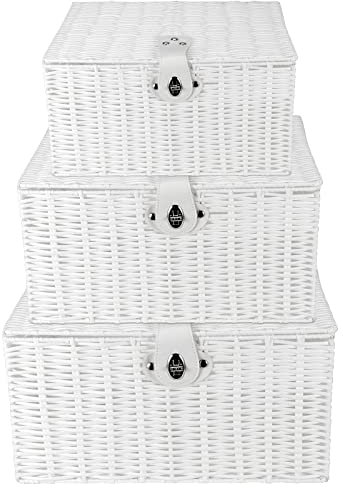 PINGEUI Set of 3 Resin White Wicker Woven Lidded Storage Baskets, Hamper Storage Boxes with Lid and Leather Lock, Stackable Resin Organiser for Gift, Clothes, Toiletries, Small/Medium/Large