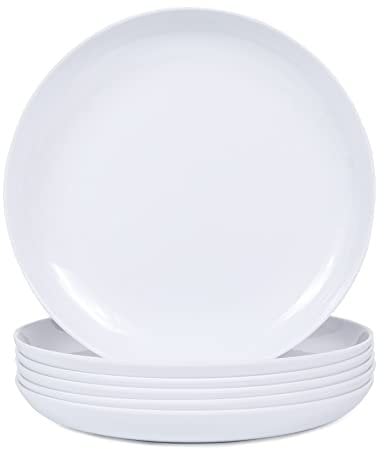 Webbylee Melamine Pasta Plates - 6pcs 10inch Dinnerware Dishes Set for Indoor and Outdoor Use, Break-resistant, White