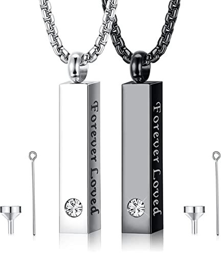 CASSIECA 2 Pcs Urn Necklace for Ashes Men Women Keepsakes for Ashes Black Silver Stainless Steel Bar Pendant Necklace Memorial Cremation Jewelry for Lost Love Forever Loved