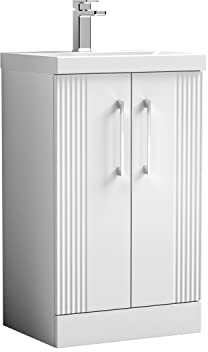 nuie DPF123D Deco Modern Bathroom Floor Standing 2 Door Part Fluted Vanity Basin Unit with Thin-Edge Ceramic Basin, 500mm, Satin White