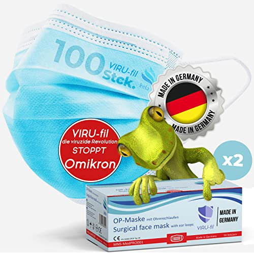 kela 100x OP Maske VIRU-fil | 100% MADE IN GERMANY | 3-lagig Medizinisch Chirurgische Masken, Einwegmaske Atemschutzmaske Gesichtsmaske CE zertifiziert EN 14683 Typ IIR Mundschutz, BFE >99,88%