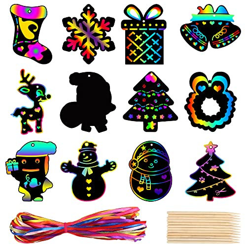 AWCIGG 48 Stück Kratzbilder Weihnachten Kratzblock für Kinder Weihnachten Basteln Kratzpapier Set mit Holzstäbchen und Bunte Bänder für Weihnachtsbaum Deko Geschenk Party Bag Fillers