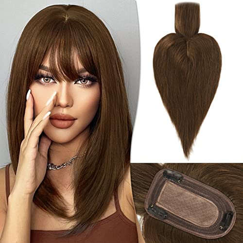 RUWISS Echthaar Hair Topper für Frauen Krone Toppers With Pony Kurze Perücken Haarteile für Dünnes Haar 7.5 * 13CM Silk Base 100% Echtes Menschliches Haar Clip in Topper 30 CM 40g (Mittelbraun)