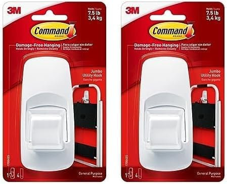 Command Jumbo Utility Hook, Pack of 2 Hook and 4 Adhesive Strips, White - Damage Free Hanging - Holds up to 3.4kg