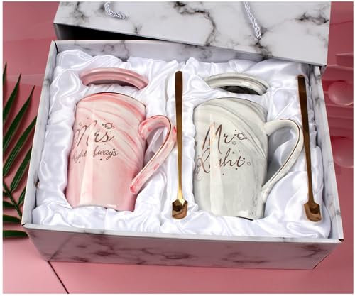 NAVACALA Coffee Cups Set, Gifts for Couple Engagement Bridal Shower Bride and Groom Anniversary Ceramic Mugs 14 Oz Ceramic Marble Cup with Gold Pattern (Mr Right & Mrs Always Right)