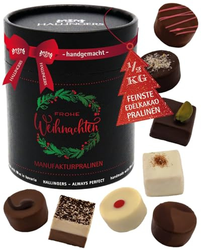 Hallingers Genuss Manufaktur Pralinen Weihnachts-Geschenk - ohne Alkohol, handmade aus Confiserie-Edelkakao in wertiger XXL-Geschenkdose Frohe Weihnachten, Weihnachten für Frauen Männer